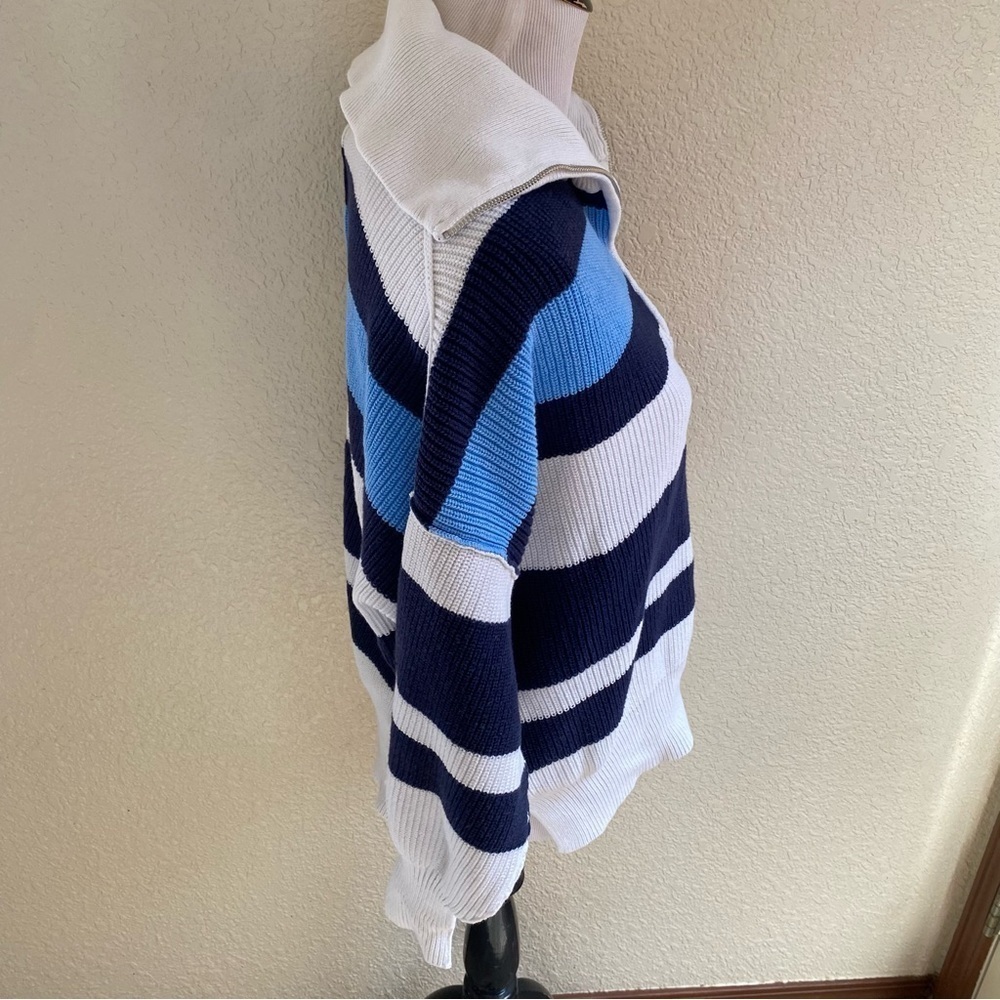 Aerie Beyond Quarter Zip Sweater Blue White Striped Chunky Knit Pullover: Medium - Picture 4 of 10